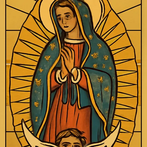 Illustration of Our Lady of Guadalupe in a star-covered blue-green mantle, surrounded by golden rays
