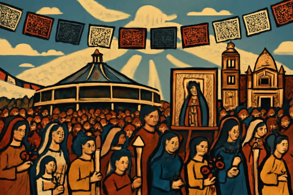 Illustration of pilgrims with flowers and candles approaching the Basilica of Our Lady of Guadalupe