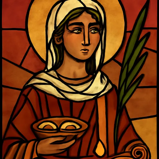 Stained-glass style illustration of St. Lucy of Syracuse holding a martyr's palm branch and a dish bearing two eyes