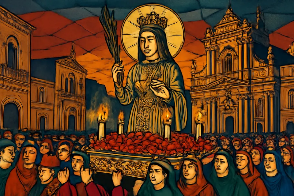 Illustration of the St. Lucy festival procession through the streets of Syracuse, Sicily