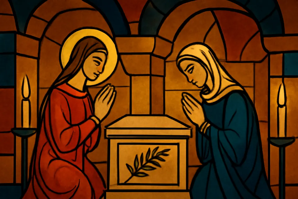 Illustration of young Lucy and her mother praying at the tomb of St. Agatha in Catania