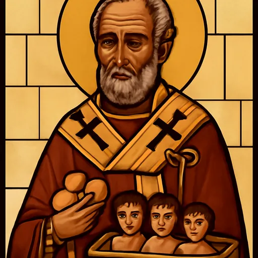 Stained-glass style illustration of St. Nicholas of Myra in bishop's vestments, holding three gold balls beside three children in a tub
