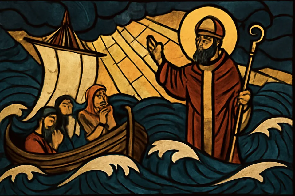 Illustration of St. Nicholas appearing on a sailing ship in a storm as sailors pray