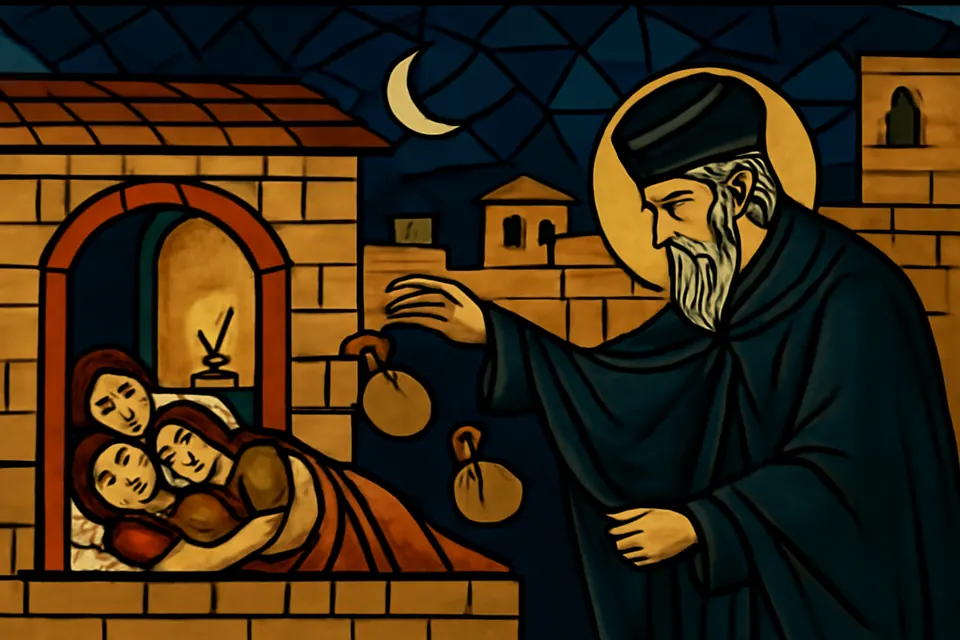 Illustration of St. Nicholas at night dropping a bag of gold through the window of a poor family's house